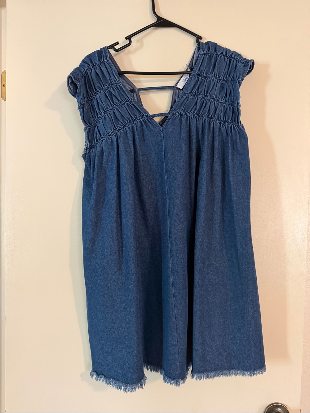 Smocked Denim V-Neck Mini Dress - Deep Blue
